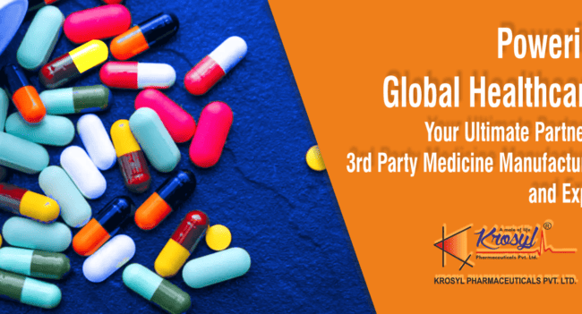 A graphic representation of 3rd Party Manufacturing & exports of medicines showcasing collaboration between pharmaceutical companies.